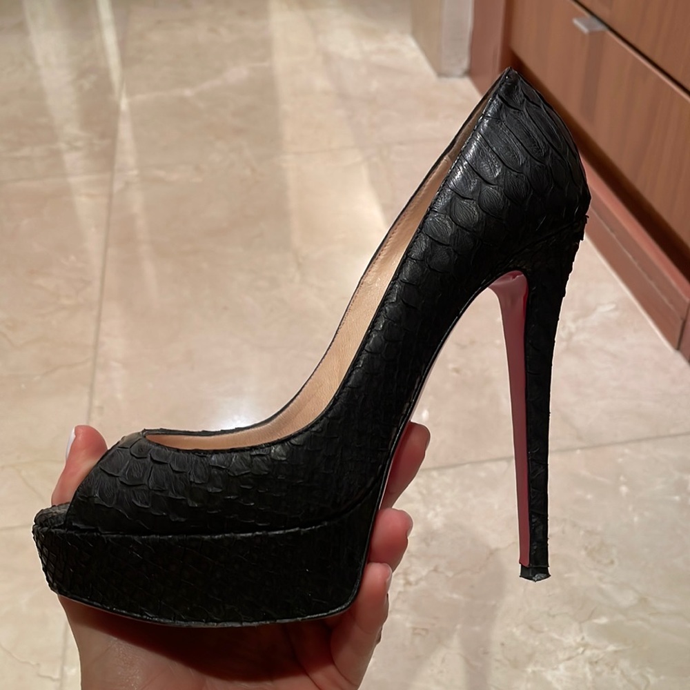 CHRISTIAN LOUBOUTIN PYTHON LEATHER PEEP TOE HEELS